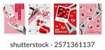 Valentine day cover typography template in vintage collage design for social media. Trendy greeting cards with heart confetti in bottle, hands with gifts, lips kiss, love puzzle. Vector illustration.