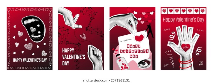 Valentine day cover typography template in vintage collage design for social media. Greeting cards with mouth shouting about love, hearts, eye, hands holding romantic letter. Vector illustration.