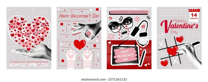 Valentine day cover typography template in vintage collage design for social media. Trendy greeting cards with hearts, hands with cat paws, love in eyes, romantic games, other. Vector illustration.