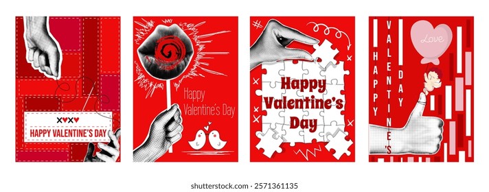 Valentine day cover typography template in vintage collage design for social media. Greeting cards with hands holding lips lollipop or cupid with balloon, collecting love puzzle. Vector illustration.