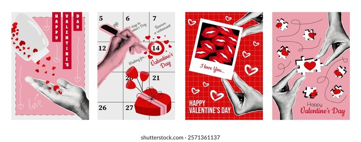 Valentine day cover typography template in vintage collage design for social media. Trendy greeting cards with heart confetti in bottle, hands with gifts, lips kiss, love puzzle. Vector illustration.