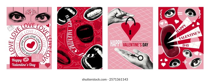 Valentine day cover typography template in vintage collage design for social media. Trendy greeting cards with flirting eyes, love message, heart padlock with key, shouting mouth. Vector illustration.