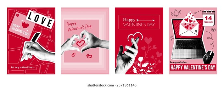 Valentine day cover typography template in vintage collage design for social media. Trendy greeting cards with hands writes love letters, holds heart shape, sends flirting emails. Vector illustration.