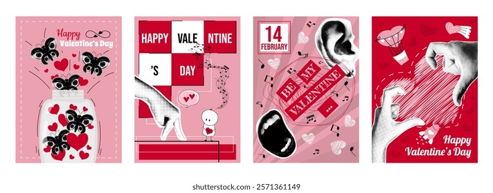 Valentine day cover typography template in vintage collage design for social media. Trendy greeting cards with abstract butterflies, mouth shouting to ear, hands with hearts. Vector illustration.