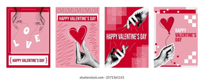 Valentine day cover typography template in vintage collage design for social media. Trendy greeting cards with hands holding love sweetheart message and hearts, romantic balloons. Vector illustration.