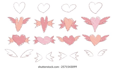 Valentine day crayon heart with wings. Cralk brush flying love shape symbol icon. Grunge marker element set. Wedding tatoo with pastel paintbrush design. Simple pencil doodle scrawl and scribble