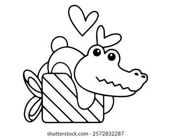 Valentine Day Crocodile Holding Gift Line Art