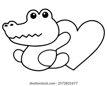 Valentine Day Crocodile Holding Heart Line Art