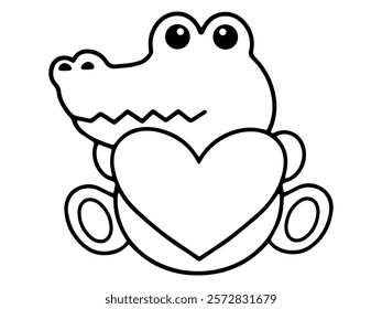 Valentine Day Crocodile Holding Heart Line Art