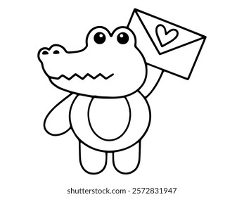 Valentine Day Crocodile Holding a Letter Black and White