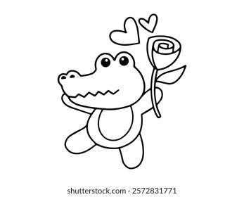 Valentine Day Crocodile Holding Rose Outline