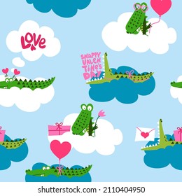 Valentine' Day Crocodile pattern design with several alligators - funny hand drawn doodle, seamless pattern. Adorable characters. Hand drawn doodle set for kids. Good for textile, nursery, wallpaper.