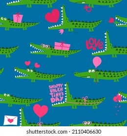 Valentine' Day Crocodile pattern design with several alligators - funny hand drawn doodle, seamless pattern. Adorable characters. Hand drawn doodle set for kids. Good for textile, nursery, wallpaper.