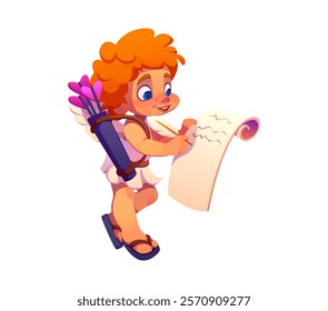 Valentine Day Cupid character with love list and heart arrows. Cute Cherub or Eros baby angel vector personage writing love letter. Valentine Day holiday, romance, wedding and marriage Cupid character