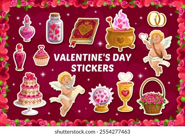 Valentine day cupids and gifts stickers pack. Vector romantic set of cartoon patches featuring cherubs, love potions, hearts, roses, wedding rings and sweet treats on red background adorned with roses