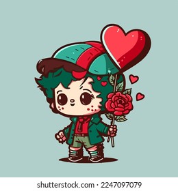 Valentine day cute anime boy mascot with cute heart   valentine day decoration vector flat color illustration 