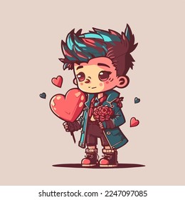 Valentine day cute anime boy mascot with cute heart   valentine day decoration vector flat color illustration 