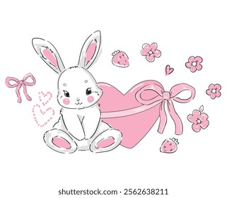 Valentine Day, Cute Bunny vector illustration print design rabbit, children print on t-shirt, Hand Drawn 