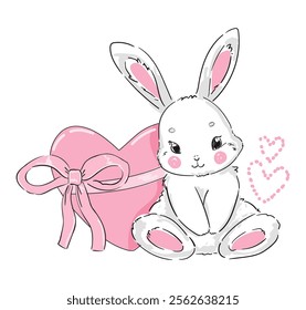 Valentine Day, Cute Bunny vector illustration print design rabbit, children print on t-shirt, Hand Drawn 