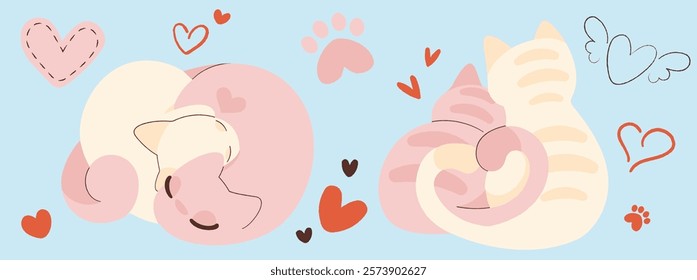 Valentine day cute cartoon cats with pink heart patterns, decorative paw prints and romantic elements. Adorable holiday pets sleeping together, hugging while sitting with back on blue background.