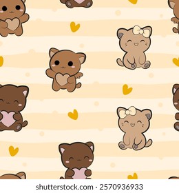 Valentine day cute cat seamless pattern. Brown romantic cat repeat background. Use for prints, textiles, fabric, wallpaper, stationery, nursery, wrapping paper, etc.