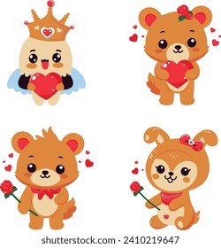 Valentine Day Cute Character for Birthday, greetings, wedding invitations etc. Cute teddy, bunny, cute coffee cup, heart with wing