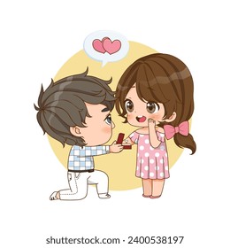 Valentine day with cute couple cartoon in love, man proposing to the woman kneeling vector illustration