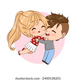 Valentine day with cute couple cartoon in love, man carrying woman vector illustration