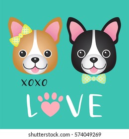 Valentine Day, Cute couple French Bulldog cartoon on green background