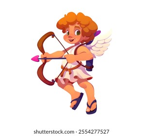 Valentine Day cute cupid character with bow and arrow, symbol of love, passion and romance. Isolated cartoon vector charming heavenly cherub angel with wings ready to shoot and break hearts with love