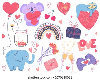 Valentine day cute elements. Animals with love symbols, red hearts, flowers bouquet, romantic letter, champagne glasses icon, elephant koala and sloth, vector cartoon isolated set