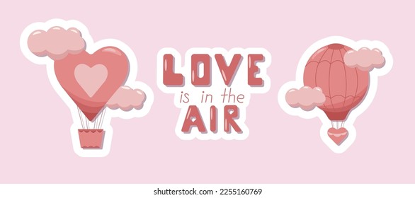 Valentine day cute pink stickers in form of air balloons and lettering. Aerostat. Color pastel elements for wrapping paper and gift boxes