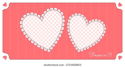 Valentinstag süße Postkarte mit zwei Herzrahmen mit den Rüschen auf gestreiftem Hintergrund. Vektorgrafik für Liebesurlaubsbanner, Werbung und grafische Designs.