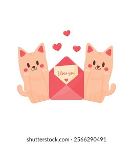 valentine day cute sticker with cats and love letter flat design isolated on white background