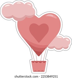 Valentine day cute sticker in form of pink air balloon. Aerostat. Color sticker. Vector isolated illustration