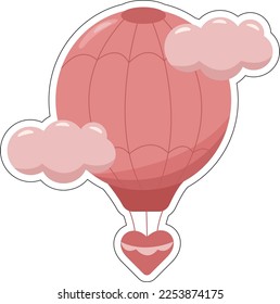 Valentine day cute sticker in form of pink air balloon. Aerostat. Color sticker. Vector isolated illustration