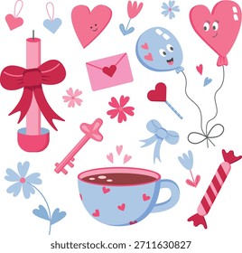 Valentine Day Cute Vector Set with Hearts, Balloons, Flowers and Love Elements