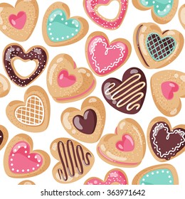 Valentine day cute and yummy sugar cookie pink heart sweets pattern design on white background. Love pastry sweets vector bakery products desserts.