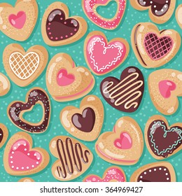 Valentine Day Cute And Yummy Sugar Cookie Pink Heart Sweets Pattern Design On Color Background. Love Pastry Sweets Vector Bakery Products Desserts.