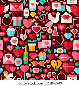 Valentine Day Dark Seamless Pattern. Love Flat Design Vector Illustration. Tile Background. Set of Wedding Items.