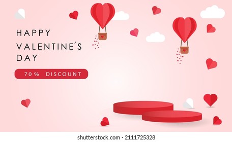 Valentine day decor podium and heart on red background. Vector banner for promotion shopping product sale or card of offer for love holiday. Graphic design
