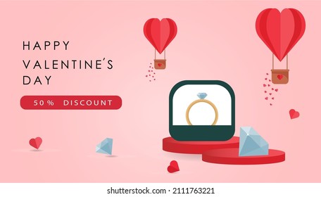 Valentine day decor podium and heart on red background. Vector banner for promotion shopping product sale or card of offer for love holiday. Graphic design