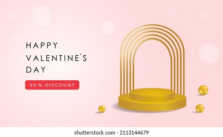 Valentine day decor podium and heart on red background. Vector banner for promotion shopping product sale or card of offer for love holiday. Graphic design