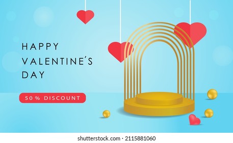 Valentine day decor podium and heart on blue background. Vector banner for promotion shopping product sale or card of offer for love holiday. Graphic design