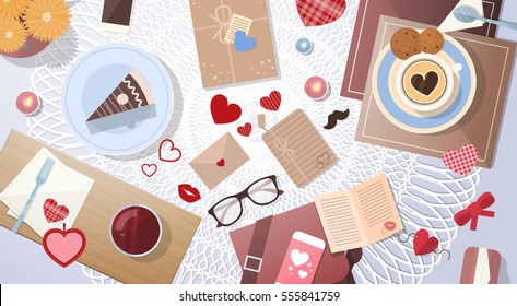 Valentine Day Decorated Table Cup With Cake Top Angle View Flat Vector Illustration