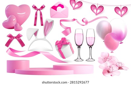 Valentine Day decoration and gift set isolated on white background. Vector realistic illustration of present box, pink hearts, podium, ribbon bow, air balloon and two wine glasses, cute rabbit ears