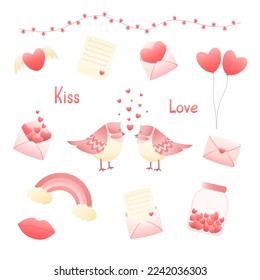 Valentine day decoration set with cartoon birds, hearts, balloons, letters, envelopes, lights, rainbow. Vector illustration