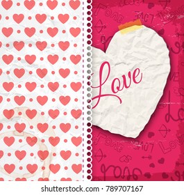 Valentine day design concept with crumpled paper heart and romantic seamless pattern vector illustration