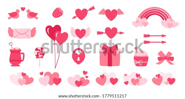 Valentine day design elements set. Flat\
cartoon style. Cute letter, gift bouquet and boxes. Sweets, rainbow\
drink, balls decorations for holiday. Pink objects collection.\
Isolated vector\
illustration