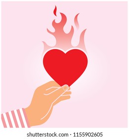 Valentine day design. A hand  holding a flaming heart.  Hot love or kind donation concept. Vector illustration. 